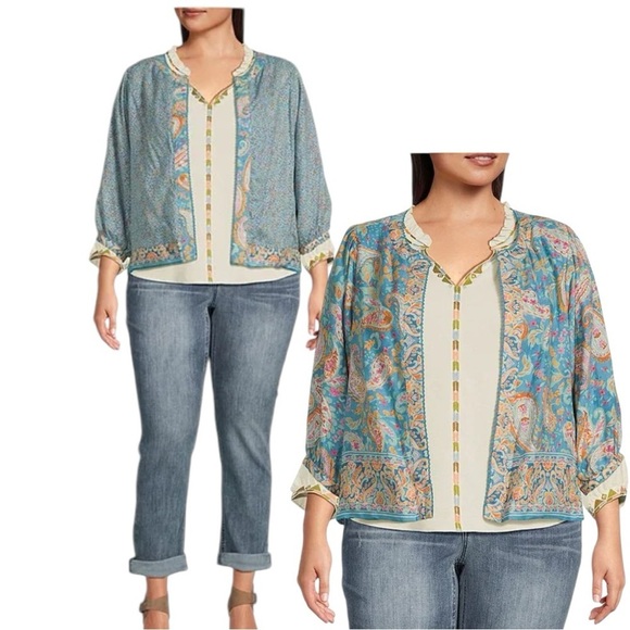 Democracy Jackets & Blazers - Democracy Plus Size Paisley Print 3/4 Sleeve Reversible Open-Front Jacket NEW
